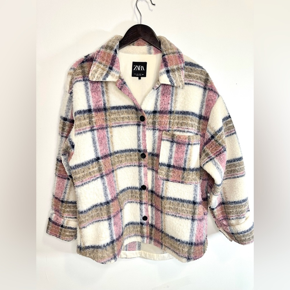 ZARA Plaid Oversized Pink Tan and Blue Shacket Size Large - Picture 2 of 10